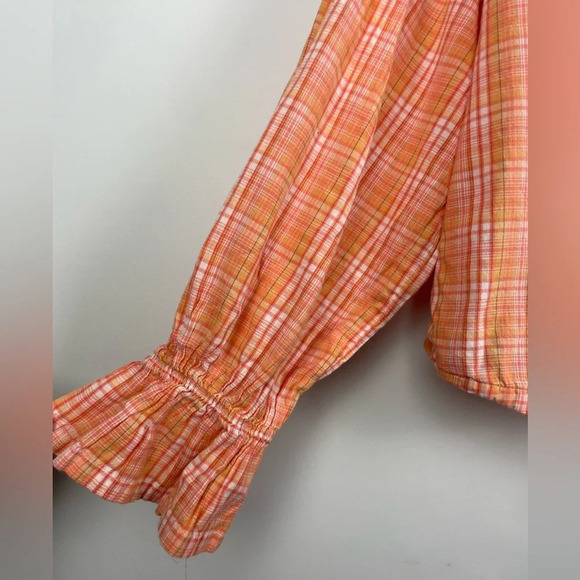 Intimately Free People Orange Pink Plaid Button Down Collared Long Sleeve Blouse - Picture 2 of 8